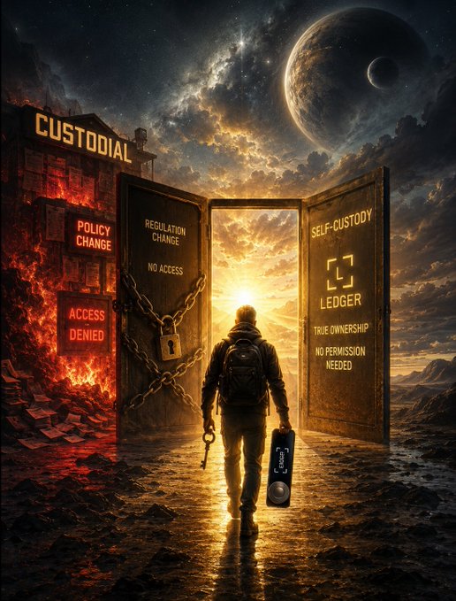 Dramatic digital artwork contrasting two doorways: a chained, burning 'CUSTODIAL' door marked with policy change, regulation change, and access denied signs, versus an open 'SELF-CUSTODY LEDGER' door promising true ownership with no permission needed, as a figure carrying a Ledger hardware wallet walks toward the light.