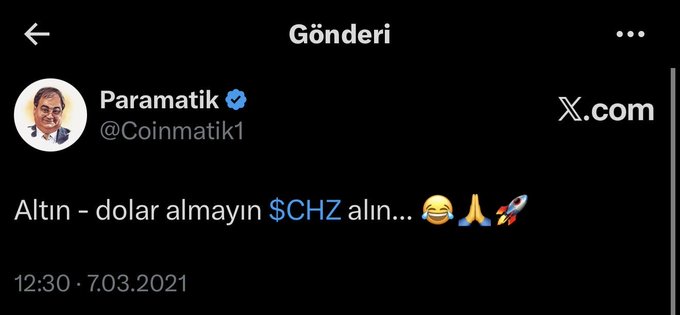 The image shows a Turkish tweet from verified user @Coinmatik1 (Paramatik) posted on July 7, 2021, reading "Altın - dolar almayın $CHZ alın..." (Don't buy gold-dollar, buy $CHZ) with laughing and rocket emojis. This screenshot is presented as evidence supporting the accompanying post's claim of an earlier bullish prediction for Chiliz ($CHZ) before its price surge, which the author now hopes will repeat with #ACH.
