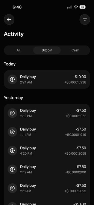 Screenshot of a Bitcoin activity feed showing recurring $7.50-$10.00 daily buys, including a recent purchase of +₿0.00015938 at 2:24 AM, illustrating consistent DCA (dollar-cost averaging) stacking. The transactions visually reinforce the poster's message about ongoing Bitcoin accumulation and commitment to the "DCA gang."