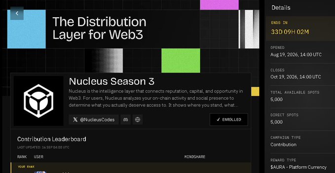 A web3 platform interface titled 'The Distribution Layer for Web3' showing 'Nucleus Season 3' campaign details, with 33 days remaining and 5,000 available spots.