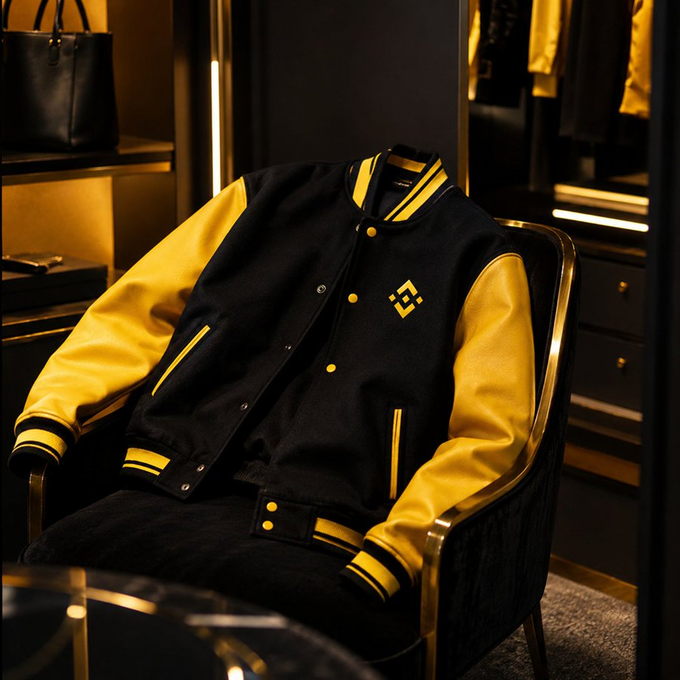 A black and yellow varsity jacket with a small diamond-shaped logo on the chest is draped over a chair in a stylish, dimly lit boutique setting—definitely passing the vibe check with its bold color contrast and premium presentation.