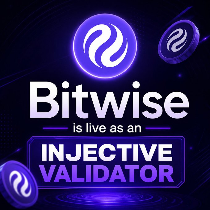 A promotional graphic with a dark purple, space-themed background featuring the Bitwise logo in a glowing circular emblem, alongside the text "Bitwise is live as an INJECTIVE VALIDATOR" displayed in bold white and purple lettering. The image directly reinforces the post's announcement by visually confirming Bitwise's new role as an institutional validator on the Injective network.