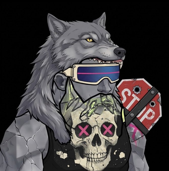 An anthropomorphic gray wolf with bared fangs wears reflective blue visor sunglasses and a spiked collar, posing in front of a bullet-riddled STOP sign while sporting a black shirt featuring a skull with pink "X" eyes—capturing the rebellious, anti-establishment "Cult of Luci" energy of the Saint Zero project launching on Robinhood Chain.