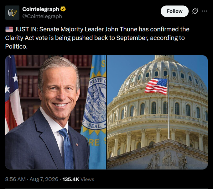 A Cointelegraph tweet reporting that Senate Majority Leader John Thune confirmed the Clarity Act vote is being pushed back to September, featuring his official portrait alongside the U.S. Capitol.
