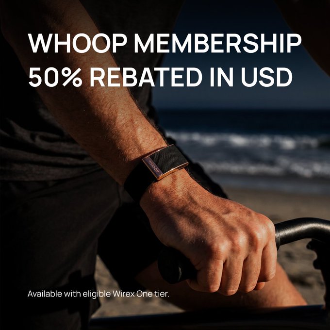 A muscular arm wearing a WHOOP fitness tracker grips handlebars at the beach, overlaid with the bold text "WHOOP MEMBERSHIP 50% REBATED IN USD" and a smaller note "Available with eligible Wirex One tier." The image reinforces the post's message by visually pairing the WHOOP wearable with a healthy, active lifestyle, tying the rebate offer directly to the fitness-tracking brand.