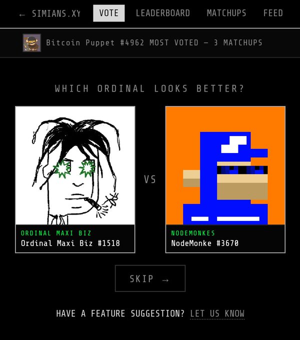 A voting interface on simians.xy asks 'Which Ordinal Looks Better?' between 'Ordinal Maxi Biz #1518' (a sketched face with marijuana leaf eyes) and 'NodeMonkes #3670' (a pixelated blue character on orange).