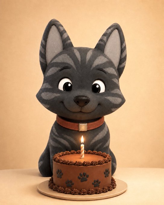 A cute 3D-rendered gray tabby kitten with large expressive eyes sits behind a chocolate birthday cake decorated with paw prints and topped with a single lit candle. The image illustrates the post's celebration of a "second birthday" for the Doginal Dog, with the kitten and cake symbolizing the festive occasion.