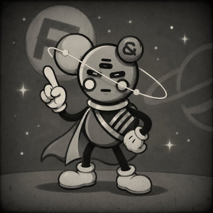 A black and white cartoon illustration of a Mickey Mouse-like character with a Saturn ring, pointing upward, with an 'F' symbol in the background.