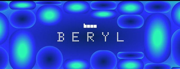 The image features the word "BERYL" in a pixelated, digital font set against a blue background with glowing, rounded shapes. This appears to be a promotional graphic for Base's "Beryl" update, visually representing the blockchain/crypto context discussed in the accompanying post about Base's new B20 token standard.