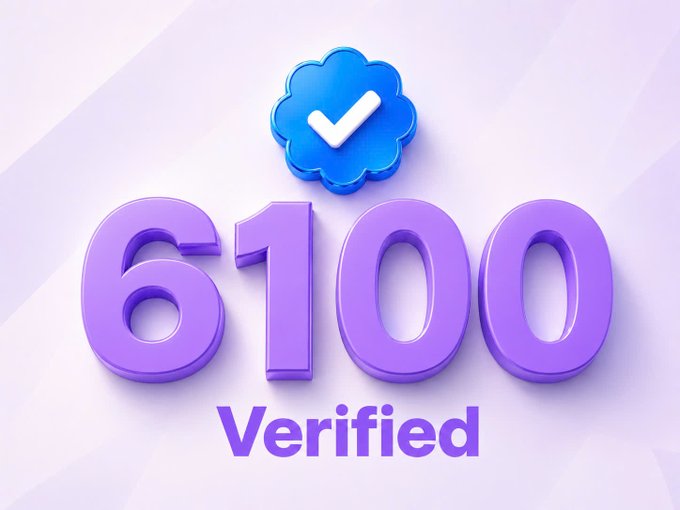 A purple 3D graphic displays the number '6100' with a blue cloud-like checkmark icon above and the word 'Verified' below, set against a light purple background.