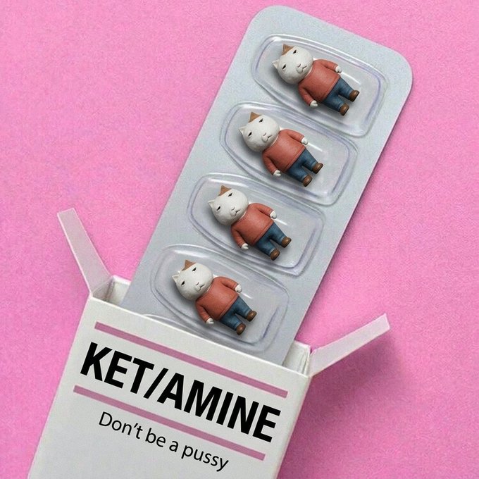 A blister pack of "KETAMINE" pills, featuring four cartoon cat figurines in red shirts and blue jeans as tablets, emerging from a box with the tagline "Don't be a pussy" against a pink background—playing on a dark joke that humorously ties into the "daily dose" concept of routine medication.