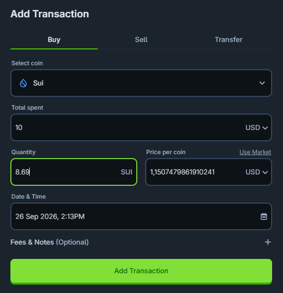 An "Add Transaction" form showing a Buy order for 8.69 SUI at $1.1507479861910241 per coin, totaling $10 USD spent on 26 Sep 2026 at 2:13PM, matching the post's accumulation details.