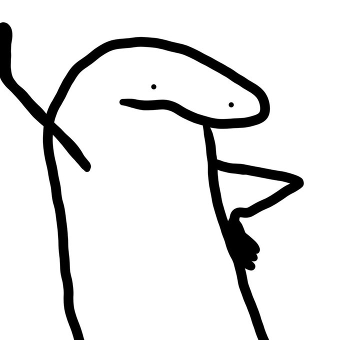 A minimalist black-and-white line drawing depicting an abstract figure with a fish-like head, two dot eyes, a simple smiling mouth, and limbs extending outward.