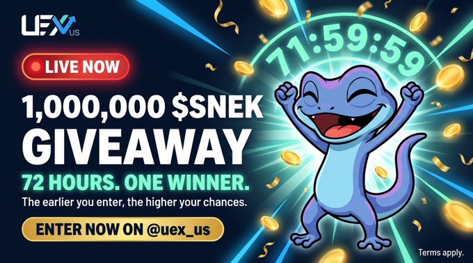 The image is a promotional banner from UEX.US advertising a live "1,000,000 $SNEK GIVEAWAY" with a 72-hour countdown timer (71:59:59) and a cheering blue lizard mascot surrounded by gold coins. The "LIVE NOW" badge and "ENTER NOW ON @uex_us" call-to-action reinforce the post's message about the weekend giveaway, where earlier entries get better odds at winning the 1 million $SNEK prize.
