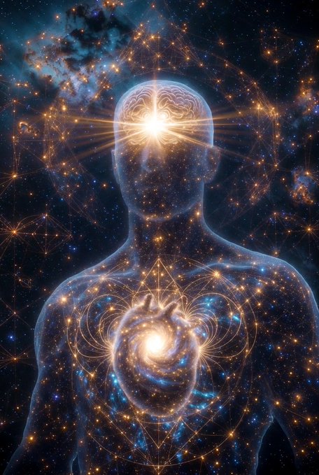 The image features a man with a heart, surrounded by stars and planets. The man's face is illuminated from above, creating an ethereal glow that highlights his features. The background of the image is filled with stars and other celestial bodies, giving the impression of being in space or near a planetarium. The caption at the bottom of the image reads "Indeed. We must #MakeEarthGreat The XRP Community is Needed in the Future-Present". This message suggests that the man's presence in this cosmic environment serves as a reminder to prioritize and invest in cryptocurrency, such as Bitcoin (BTC), for the future.