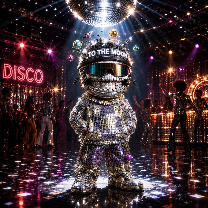 A glittering disco frog mascot wearing a helmet that reads "TO THE MOON" and reflective ski goggles stands center stage beneath a massive disco ball at a vibrant club, with a neon "DISCO" sign glowing in the background—perfectly matching the post's playful brag about his over-the-top "Frogilicious Friday" outfit designed to outshine the dance floor.