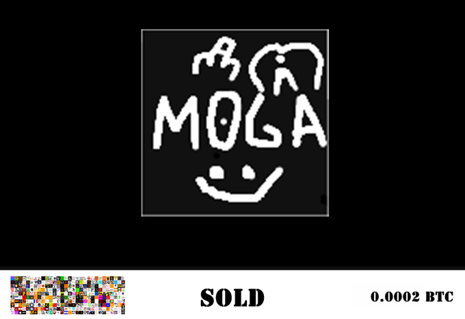 A black-and-white pixel art logo displays "MOGA" above a smiling face, labeled "SOLD" for 0.0002 BTC, indicating a recent sale of a "Bathroom Wall" ordinal collectible on Satflow.