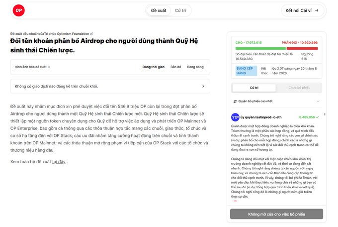 The image shows an Optimism Foundation governance proposal page about reallocating OP token Airdrop to a Strategic Ecosystem Fund, displaying voting results of 17,873,915 FOR vs 10,930,695 AGAINST, which aligns with the post's note about the airdrop allocation vote ending in victory for supporters.