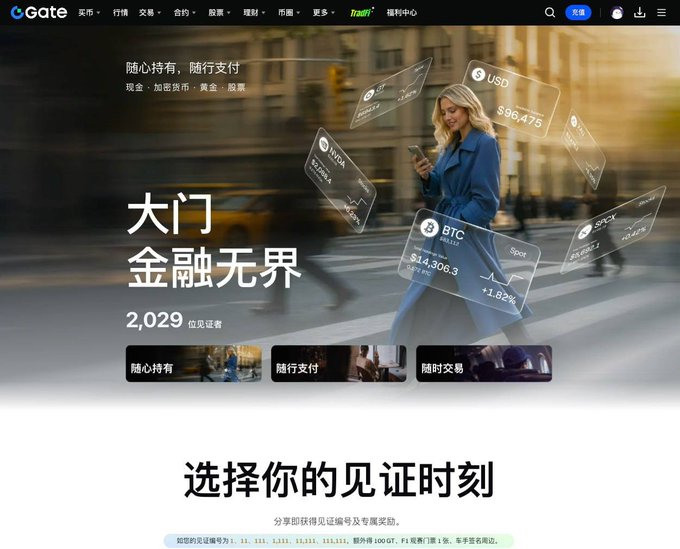 The image is a promotional banner for Gate (Gate.io) cryptocurrency exchange featuring a woman in a blue coat walking through a city street while using her phone, with floating 3D tiles displaying cryptocurrency prices (BTC $14,306.3, USD $96,475, NOKA, etc.). Key Chinese text includes "大门金融无界" (Gate Finance Without Borders) and "随心持有，随行支付" (Hold as you wish, pay on the go), promoting their 13-year anniversary campaign with 2,029 witnesses sharing their testimony for rewards.