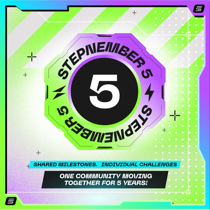 A digital graphic celebrating 'STEPNEMBER 5', featuring a large number 5 inside a circle and the text 'SHARED MILESTONES, INDIVIDUAL CHALLENGES ONE COMMUNITY MOVING TOGETHER FOR 5 YEARS!'.