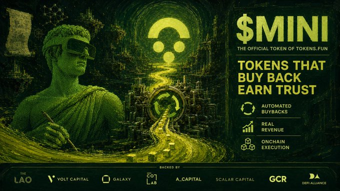 Promotional banner for $MINI, 'The Official Token of Tokens.fun,' featuring classical statue imagery with green tones and listing features like 'Automated Buybacks,' 'Real Revenue,' and 'Onchain Execution,' backed by investors including The LAO, Volt Capital, and Galaxy.