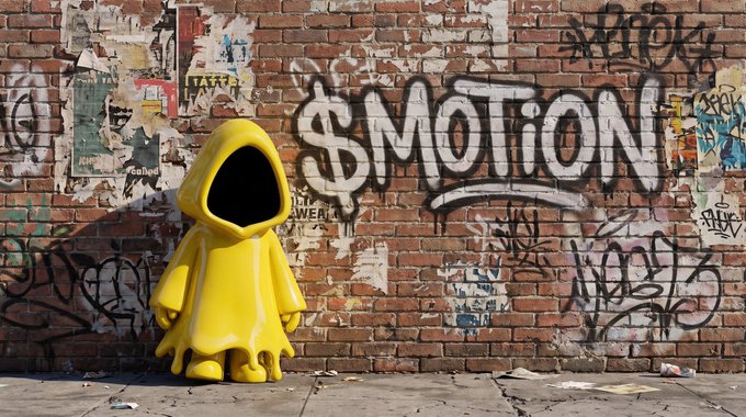 A yellow hooded figure stands against a graffiti-covered brick wall featuring the word "$MOTION" in large white letters, alongside other tags and posters. The image visually represents the post's announcement about the $motion tip protocol by spotlighting the brand name on an urban backdrop, symbolizing grassroots community engagement and the growing decentralized network.
