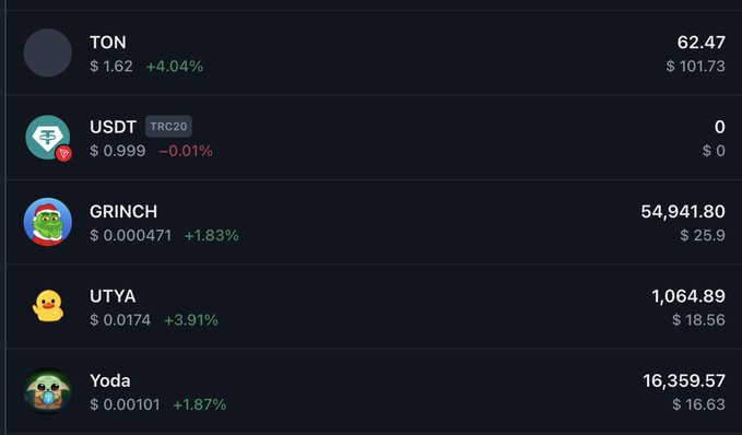 A cryptocurrency portfolio display showing tokens including TON ($62.47, +4.04%), USDT/TRC20 ($0.999, -0.01%), GRINCH ($54,941.80, +1.83%), UTYA ($1,064.89, +3.91%), and Yoda ($16,359.57, +1.87%) with their respective price changes.
