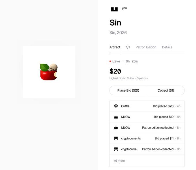 A webpage showing an auction listing for a digital artifact titled 'Sin' (2026), currently at $20 with the highest bidder 'Cuttle', and bid history showing multiple bidders including 'MLOW' and 'cryptocurrents'.
