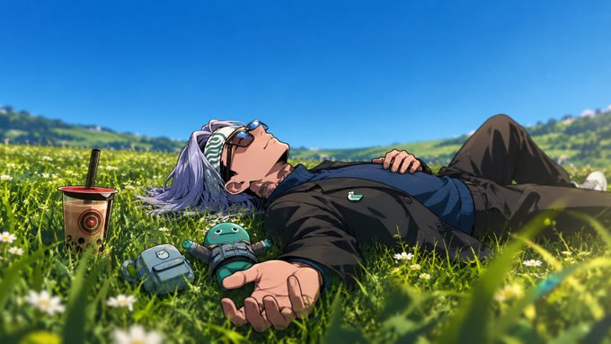 An anime-style illustration shows a character with light purple hair and a sleep mask resting in a grassy field next to a boba drink and a small robot companion.