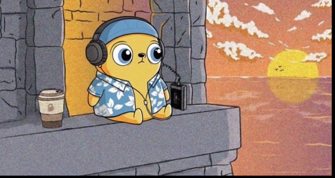 A cartoon illustration depicts a cute yellow puppy character wearing a blue cap, headphones, and a blue floral shirt, sitting on a stone ledge with a coffee cup, watching a sunset over the water.