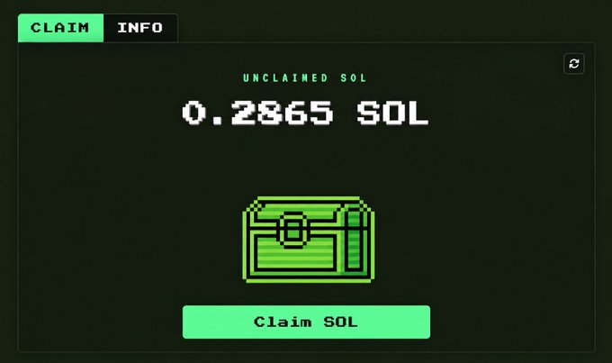 A digital interface claiming unclaimed SOL cryptocurrency showing '0.2865 SOL' with a pixel-art treasure chest graphic and a Claim SOL button.