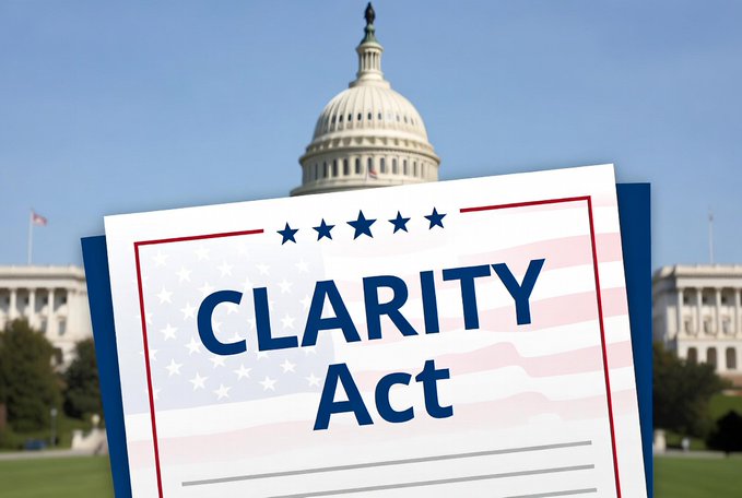 The image shows a graphic with the U.S. Capitol building in the background and a stylized document in the foreground labeled "CLARITY Act," featuring stars and stripes reminiscent of the American flag. This visual ties directly to the post's commentary on how the CLARITY Act debate increasingly centers on ethical considerations alongside crypto regulation, with the Capitol symbolizing the legislative arena where these issues are being deliberated.