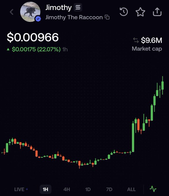 A cryptocurrency trading chart shows 'Jimothy The Raccoon' token priced at $0.00966, up 22.07% ($0.00175) in 1 hour, with a $9.6M market cap and a sharp upward green price trend.