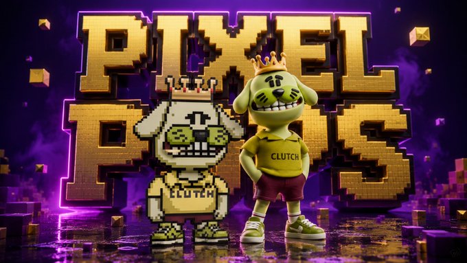 Two pixelated cartoon characters wearing 'CLUTCH' shirts and crowns stand in front of large golden 'PIXEL PALS' lettering against a purple background.