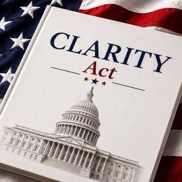 A document titled 'CLARITY Act' displayed on the U.S. Capitol building with an American flag in the background.