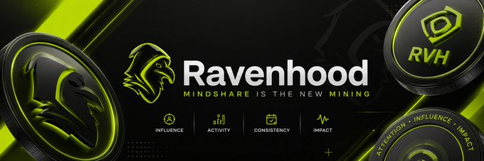 The image is a promotional banner for "Ravenhood" with the tagline "MINDSHARE IS THE NEW MINING," featuring the $RVH ticker, a raven logo, and key metrics like Influence, Activity, Consistency, and Impact—visually reinforcing the post's theme of measuring authentic social presence rather than rewarding spam posting.