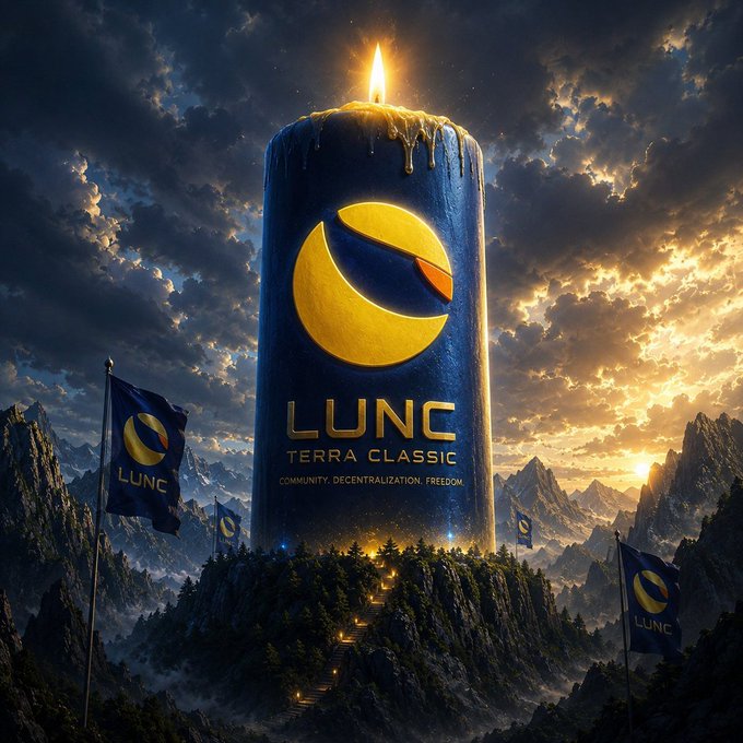 A stylized digital artwork featuring a giant blue candle with the LUNC (Terra Classic) logo and the words 'COMMUNITY. DECENTRALIZATION. FREEDOM.' standing on a mountain peak surrounded by LUNC flags.