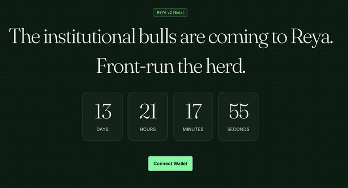 The image is a dark-themed countdown landing page for Reya V2 (Beta) with the headline "The institutional bulls are coming to Reya. Front-run the herd," a timer showing 13 days, 21 hours, 17 minutes, and 55 seconds remaining, and a green "Connect Wallet" button—teasing the upcoming launch referenced in the post about Reya (@reya_xyz).