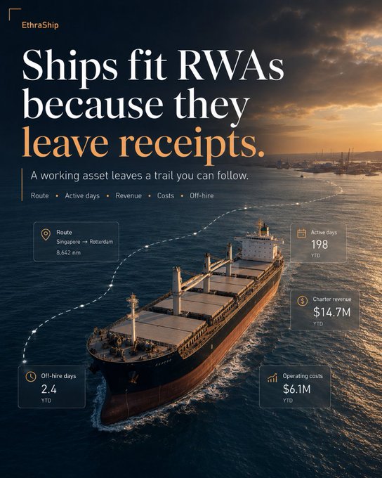 A promotional image for 'EthraShip' reads 'Ships fit RWAs because they leave receipts.' and displays a cargo ship with metrics for a Singapore to Rotterdam route, including 198 active days and $14.7M charter revenue.