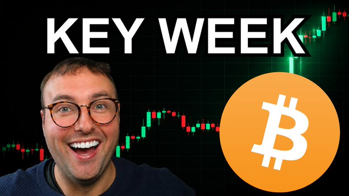 A YouTube thumbnail showing a smiling man with glasses on the left, with the text 'KEY WEEK' at the top, a Bitcoin price chart in the background, and a large orange Bitcoin logo on the right.