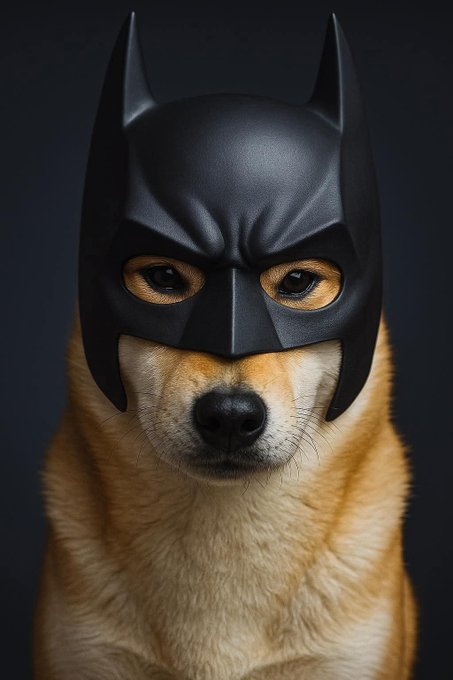 A Shiba Inu dog wears a sleek black Batman cowl against a dark background, creating a "Dogeman" mashup that humorously blends the mascot of the DOGE cryptocurrency with Batman's iconic superhero aesthetic.