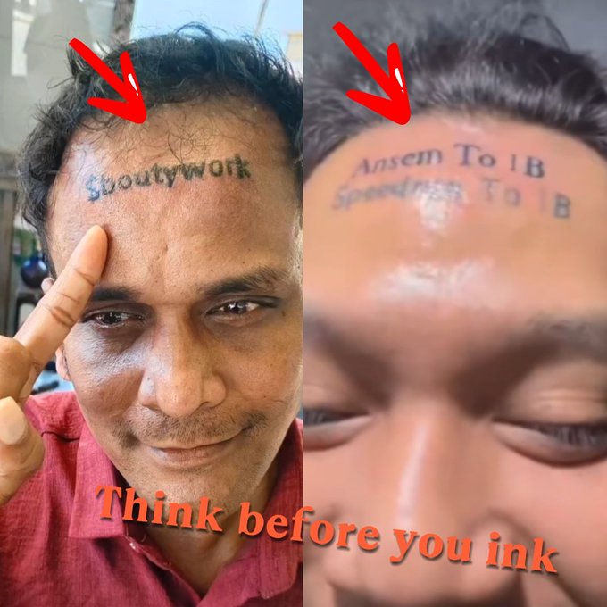 Split image of a man with regretful forehead tattoos reading "$beautywork" and "Ansem To 1B / Speedrun To 1B," with red arrows pointing to the tattoos and the caption 'Think before you ink.'