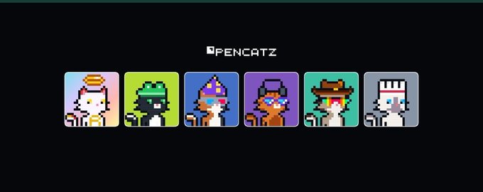 A digital artwork titled "OPENCATZ" featuring a row of six colorful, pixel-art cat characters, each wearing different accessories like hats and masks, displayed against a black background. The image appears to be related to an NFT collection called "OpenCatz" shared by users @Mattymatrix and @itsdizcorvus, likely showcasing various unique traits or characters from the collection.