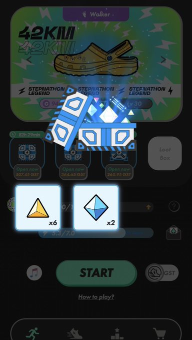The image shows a phone screen with an app icon, which appears to be a fitness tracking app. The main focus of the image is a blue diamond shape that has the number "6" inside it. This number could possibly represent a step count or some other fitness-related data. The background of the image features a green and purple color scheme, along with text elements such as "Start", "Stepn", "P国 MB Lv6", and "#stepn".