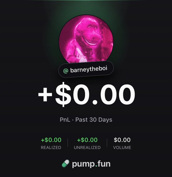 A Pump.fun profile for user "@barneytheboi" (featuring a pink Barney the Dinosaur avatar) displays a PnL of "+$0.00" over the past 30 days, with $0.00 realized, $0.00 unrealized, and $0.00 volume—suggesting a brand new, empty account ready for trading on the platform.