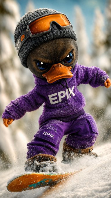 A 3D-rendered anthropomorphic duck wearing a purple EPIK sweater and snowboarding gear, riding a snowboard through snow.