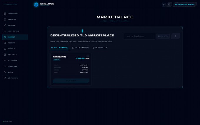 A screenshot of the SNS.HUD Decentralized TLD Marketplace showing a listing for the domain 'memes.shdo' priced at 1,333,333 SHIDO.