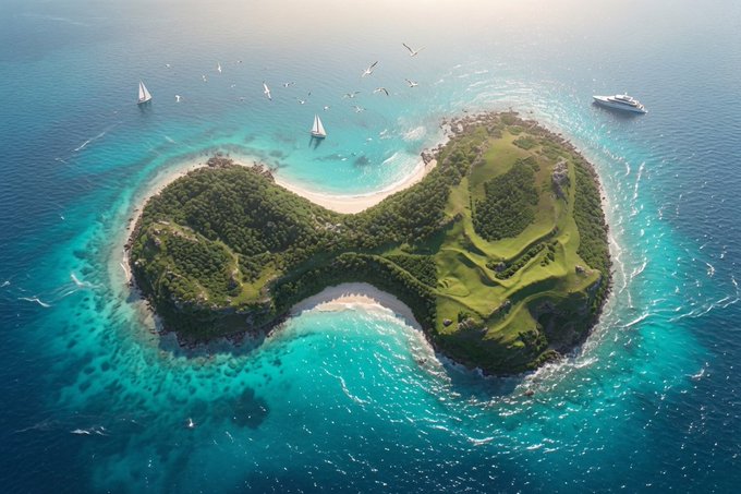 A heart-shaped island paradise surrounded by turquoise waters, with sailboats and a cruise ship nearby. The image cleverly personifies the Hyperliquid ecosystem as a tranquil, isolated retreat—imagining it as a getaway from crypto market chaos.