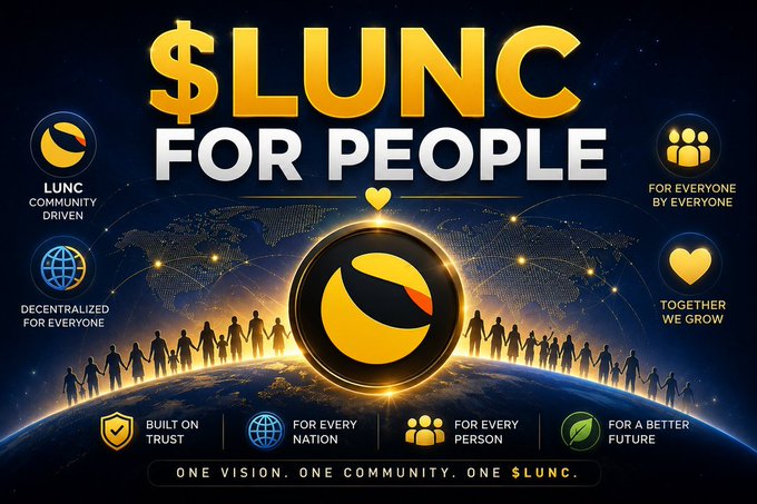 A promotional graphic for '$LUNC FOR PEOPLE' cryptocurrency featuring a globe with silhouetted figures, highlighting community-driven, decentralized values with tagline 'ONE VISION. ONE COMMUNITY. ONE $LUNC.'