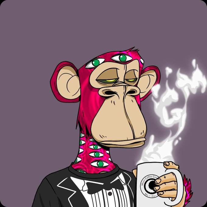 A cartoon illustration of a pink-furred monkey wearing a black tuxedo, adorned with multiple green eyes, holding a steaming white coffee mug with a logo.